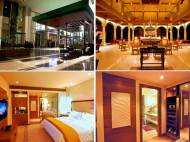 Various images from ITC Royal Gardenia luxury hotel - hotel lobby, Lotus Pavilion, a sample hotel bedroom and guest bathroom